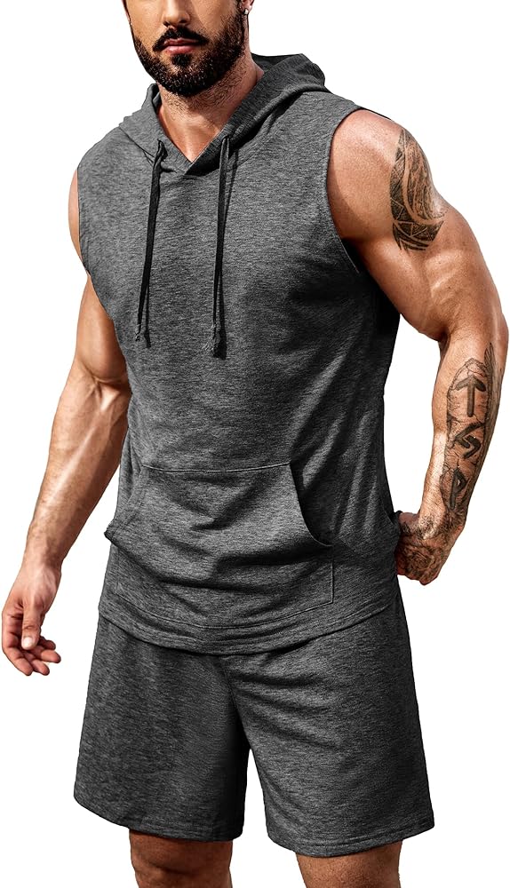 COOFANDY Men's Workout Hooded Tank Tops Sleeveless Gym Shirt Sweat Shorts Hoodie Set 2 Piece Outfits Jogging Suits