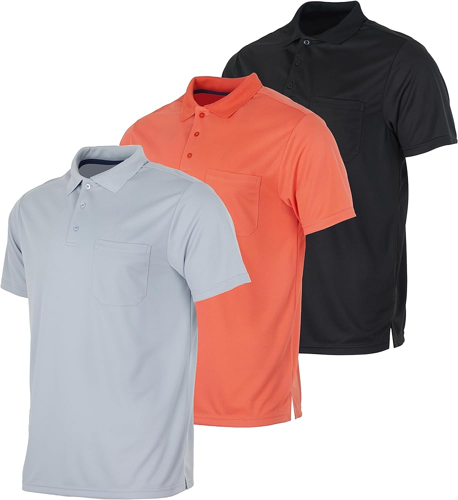 Real Essentials 3 Pack: Mens Short Sleeve Dry-Fit Collared Polo Shirt with Pocket - Active Casual (Available Big & Tall)