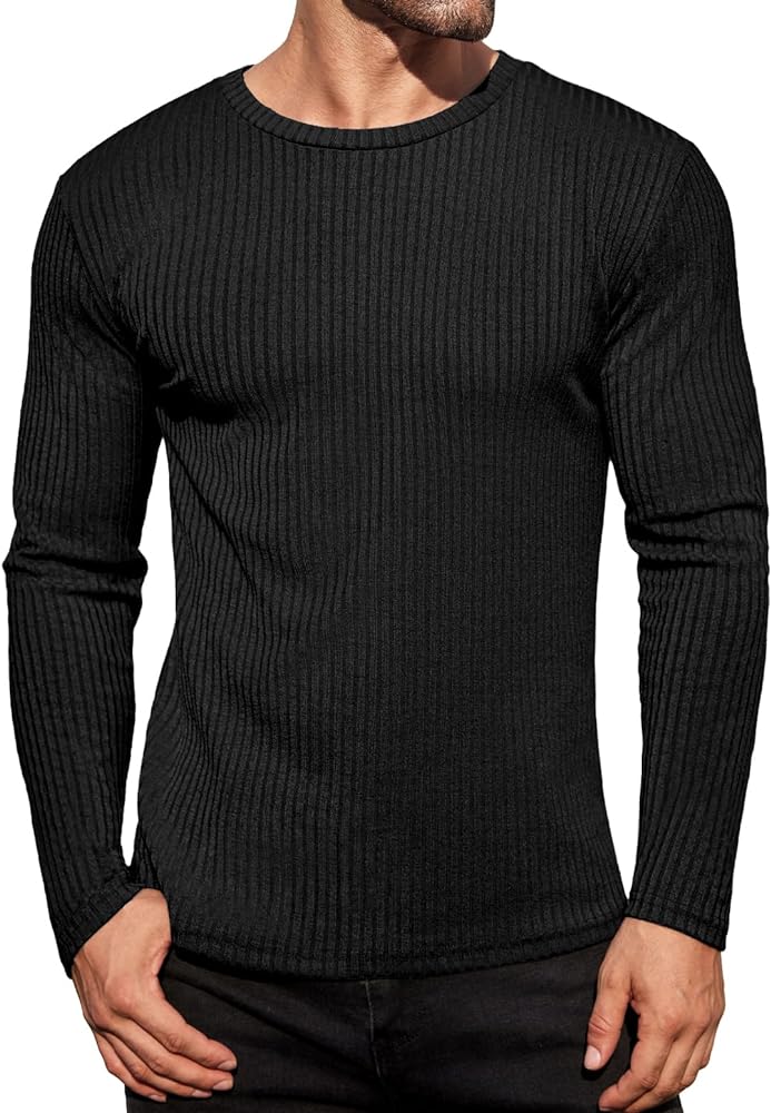 Ekouaer Men's Long Sleeve Shirts Ribbed Pullover Sweater Sim Fit Thermal Tops Crew Neck Stretchy Undershirts S-XXL