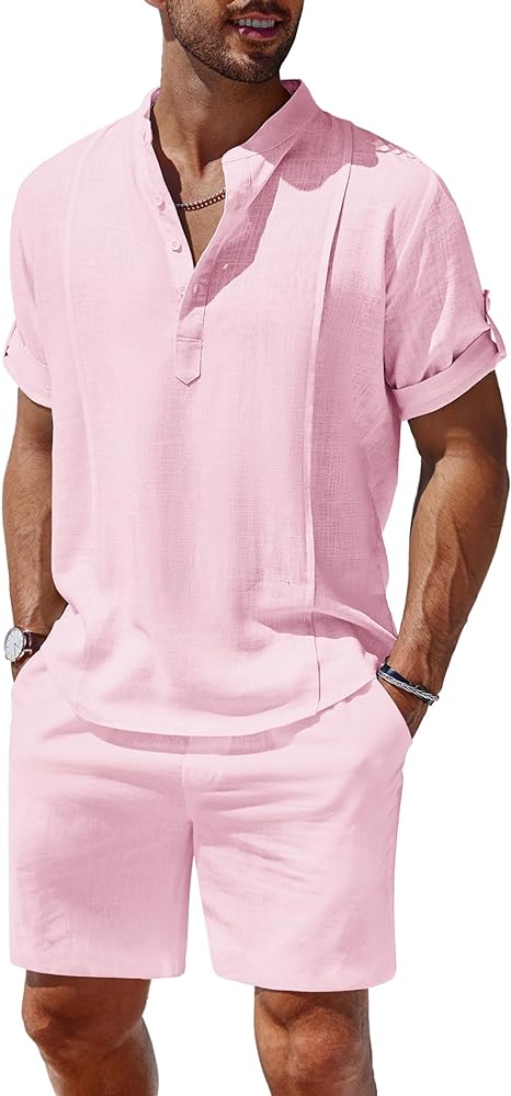 COOFANDY Men's 2 Pieces Linen Set Henley Shirt Short Sleeve and Shorts Summer Beach Yoga Matching Outfits