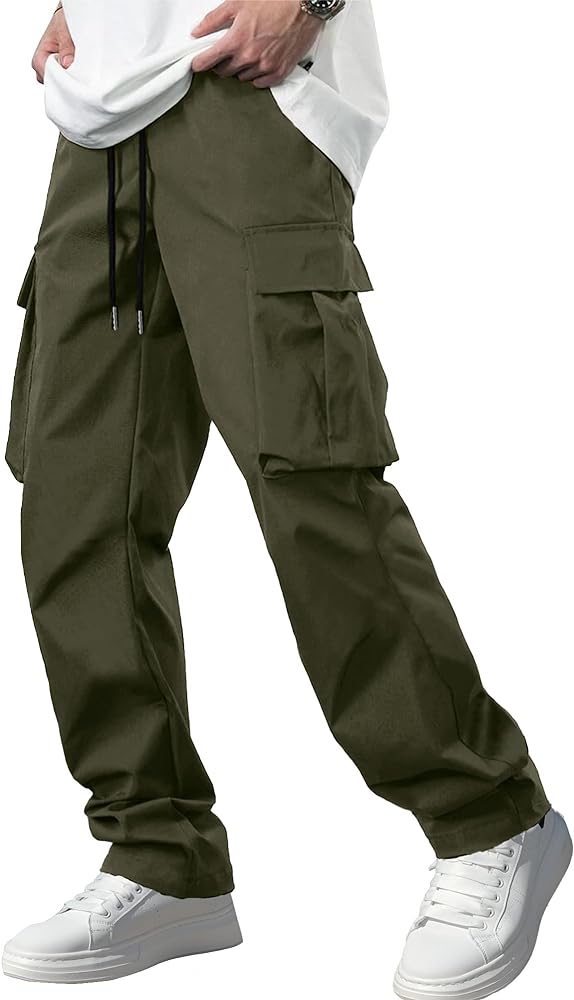 Men's Casual Cargo Pants Workout Joggers Stretch Sweatpants Hiking Drawstring Tactical Pants with Multi Pockets