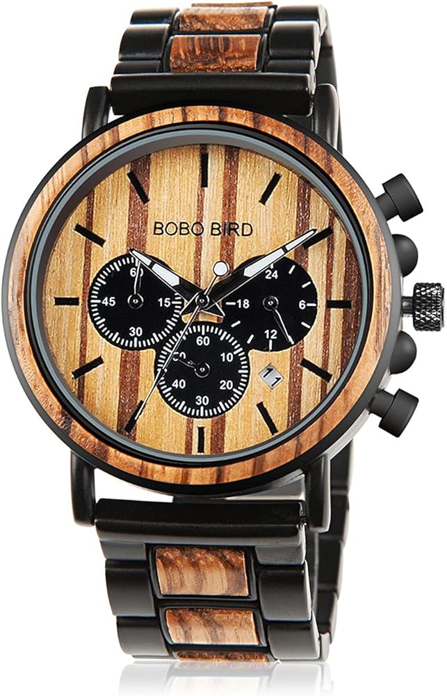 BOBO BIRD Wooden Mens Watches Stylish Wood & Stainless Steel Combined Chronograph Military Quartz Casual Wristwatches