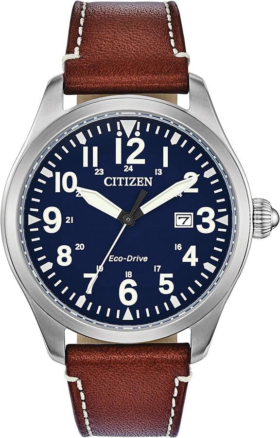 Citizen Men's Sport Casual Garrison 3-Hand Date Eco-Drive Leather Strap Watch, Arabic Markers, Stainless Steel, Field Watch