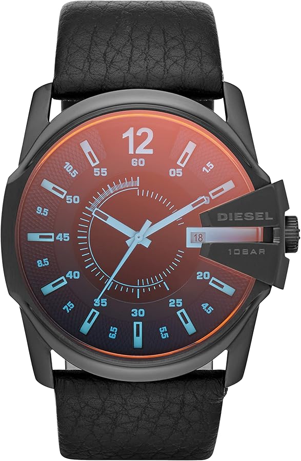 Diesel Master Chief Stainless Steel and Leather Three-Hand Analog Men's Watch, Color: Black (Model: DZ1657)