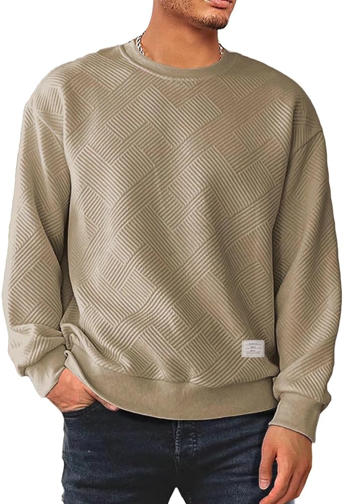 Men's Crewneck Sweatshirts Soild Color Geometric Texture Long Sleeve Casual Pullover Shirt