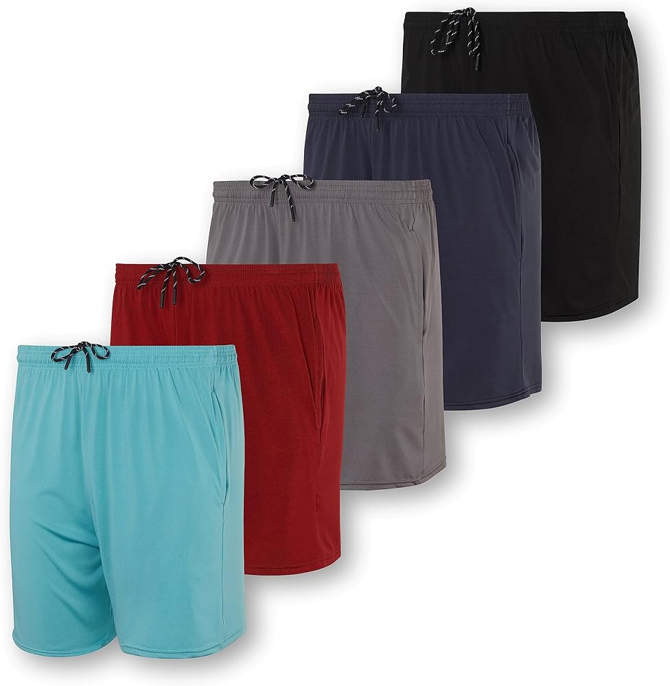 Real Essentials 5 Pack: Men's 5" Inseam Dry-Fit Running Workout Shorts - Pockets & Drawstring (Available in Big & Tall)