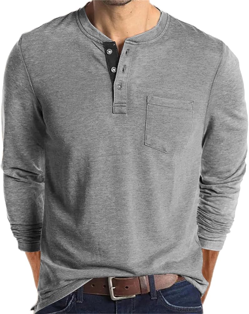 Lexiart Mens Fashion Henley Shirts Long Sleeve Button Cotton T-Shirt with Pocket