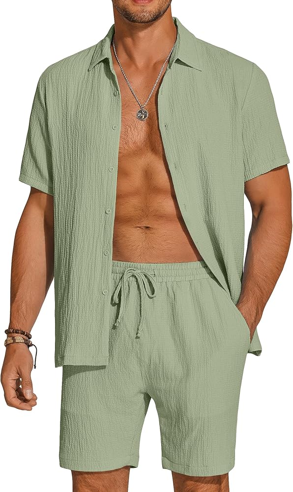 COOFANDY Men's 2 Pieces Matching Set Summer Beach Outfit Short Sleeve Button Down Textured Shirt And Shorts