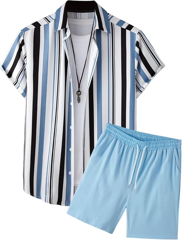 Floerns Men's Two Piece Outfit Printed Shirt Top and Drawstring Waist Shorts Set