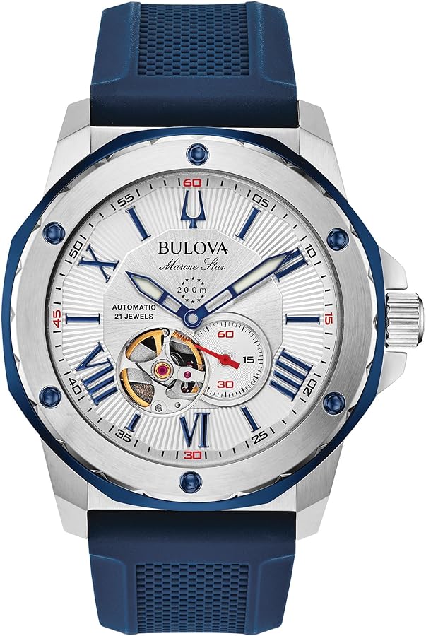 Bulova Men's Marine Star 'Series A' Automatic Stainless Steel Case with Blue Textured Silicone Strap, Open Aperture, Silver White Dial Model: 98A225