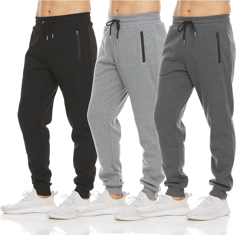 PURE CHAMP Mens 3 Pack Fleece Active Athletic Workout Jogger Sweatpants for Men with Zipper Pocket and Drawstring Size S-3XL