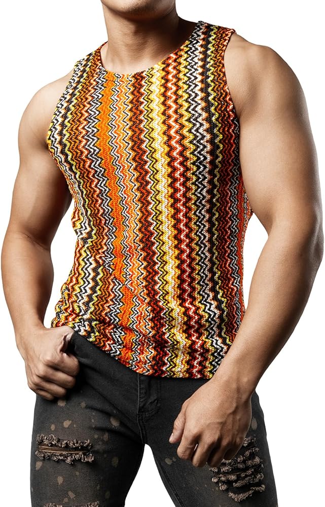 JOGAL Mens Boho Summer Tank Top Sleeveless Muscle Mesh Shirt