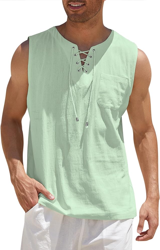 COOFANDY Men's Cotton Linen Tank Top Shirts Casual Sleeveless Lace Up Beach Hippie Tops Bohemian Renaissance Pirate Tunic