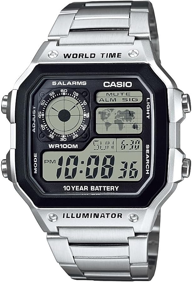 Casio AE1200WH Series | Men’s Digital Watch | 100M WR | Multi Alarms | 100 SEC Stopwatch | Countdown Timer | World Map for World Time | LED Light | LC Analog Display | 10 Year Battery