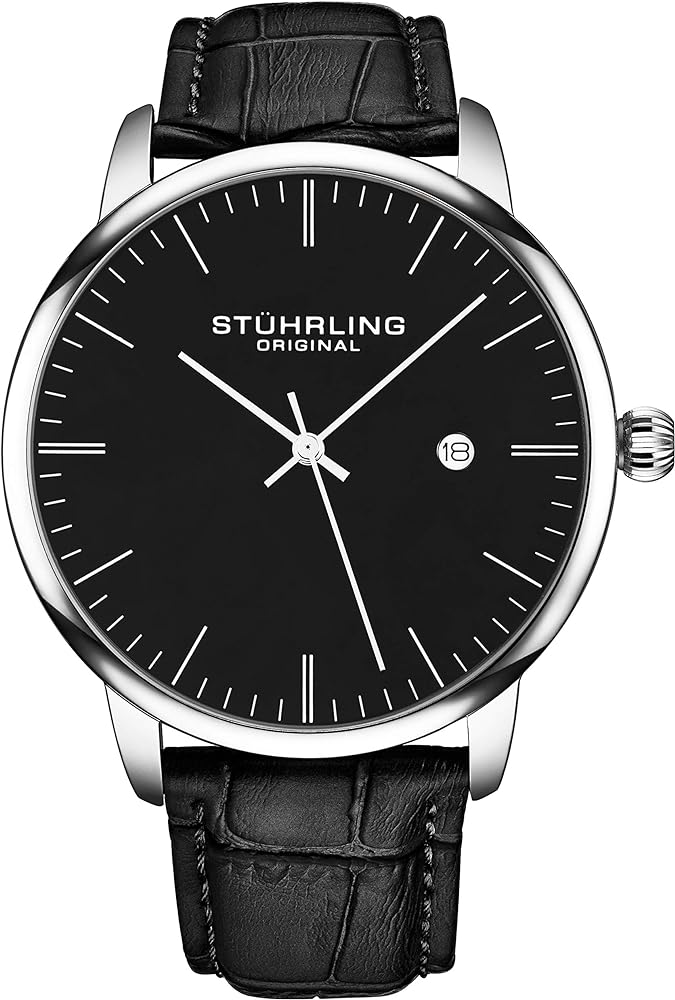 Stuhrling Original Mens Black Watch Calfskin Leather Strap Classic Dress Wrist Watch Minimalist Analog Watch Dial with Date Mens Black Watch