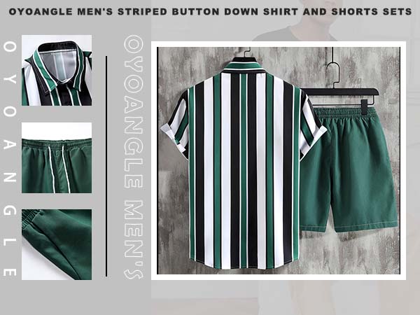 Men''s 2 Piece Outfits Short Sleeve Striped Button Down Shirt and Shorts Sets