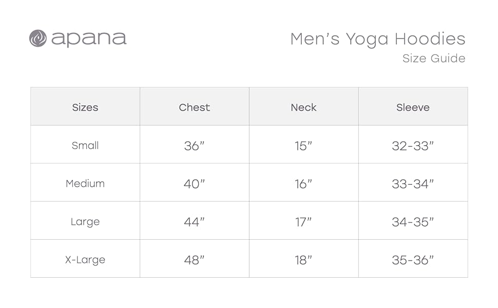 Apana Yoga Mens Hoodie Sizing