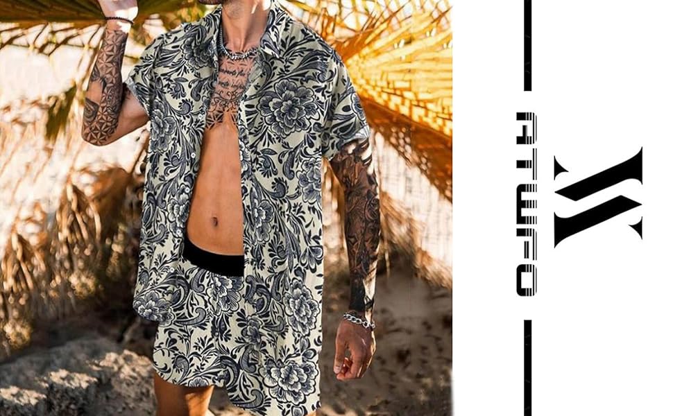 Men&#39;s Flower Shirt Hawaiian Sets Casual Button Down Short Sleeve Shirt