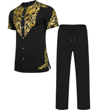 Mens African 2 Piece Set Nigerian Dashiki Metallic Short Sleeve Suit Gold Shirt and Pants Outfit