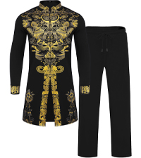 Mens African 2 Piece Set Zipper Nigerian Dashiki Metallic Outfit Gold Printed Traditional Suit