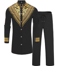 Mens African 2 Piece Set Nigerian Dashiki Metallic Traditional Suit Gold Printed Shirt Pants Outfit