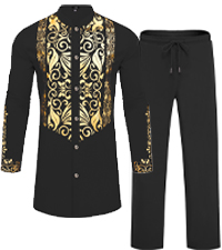 Mens African 2 Piece Sets Dashiki Metallic Traditional Suit Gold Stamp Printed Shirt Pants Outfit