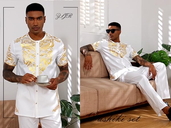 Mens African 2 Piece Set Nigerian Dashiki Metallic Short Sleeve Suit Gold Shirt and Pants Outfit