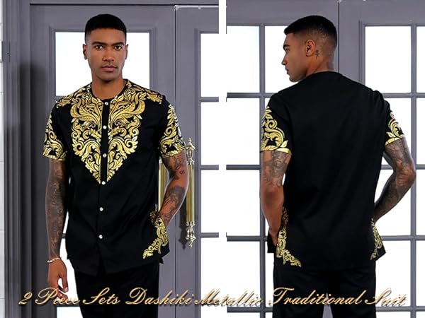 Mens African 2 Piece Set Metallic Traditional Suit Printed African Dashiki Shirt and Pants Outfit