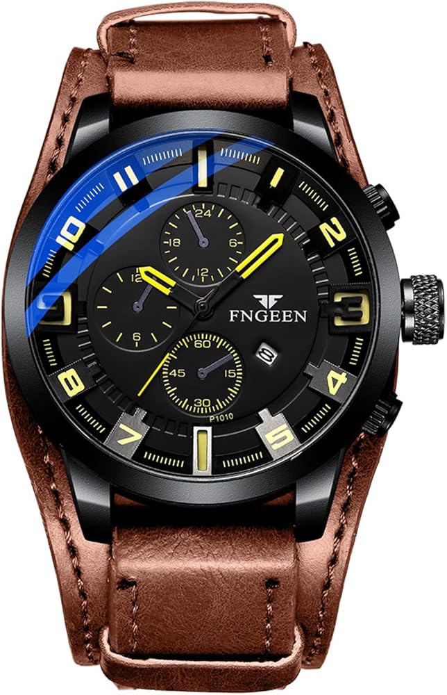 OIDEA Punk Leather Mens Watches: Brown Strap Yellow Dial Waterproof Date Chronograph Quartz Analog Watch Wrist Watches for Men Military Watch Business Work Sport Casual Watch Gift