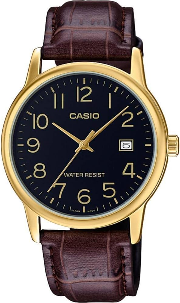 Casio #MTP-V002GL-1B Men's Standard Analog Gold Tone Leather Band Day Date Watch