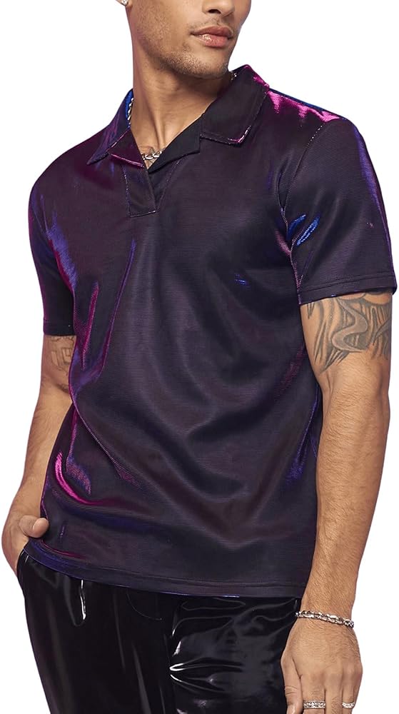 OYOANGLE Men's Metallic Short Sleeve Shirt Holographic Collared Summer Party Shirt Tops