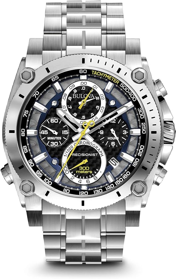 Bulova Men's Icon High Precision Quartz Chronograph Watch, Curved Mineral Crystal, 300m Water Resistant, Continuous Sweeping Secondhand, Luminous Markers