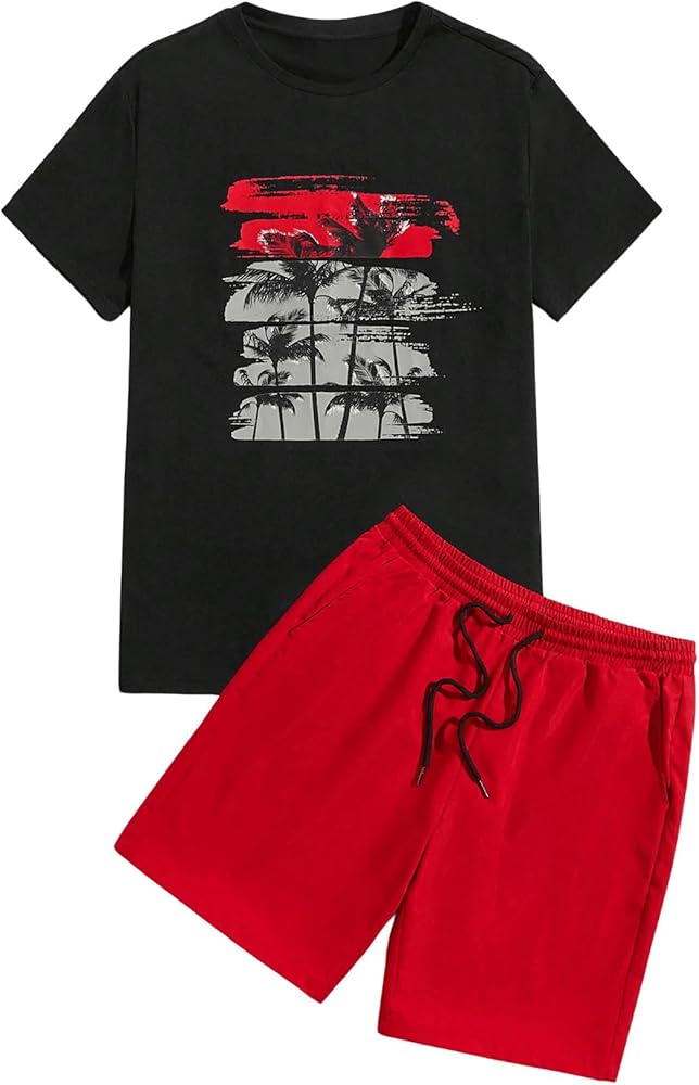 Verdusa Men's 2 Piece Outfits Graphic Printed Short Sleeve Crewneck Tee and Shorts