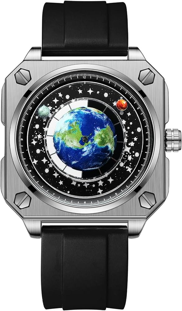 MINILUJIA 30M Waterproof Men World Map Watches Creative Wristwatch with Earth Globe Moon Sun Rotating Eye catching Cool Unique Square Dial Mens Watches with Watch Box