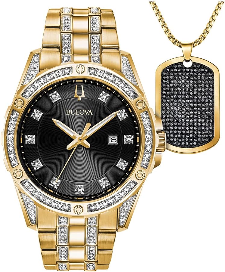 Bulova Men's Crystal Accented Gift Set with 3-Hand Date Quartz Watch and Dog Tag Box Chain Necklace