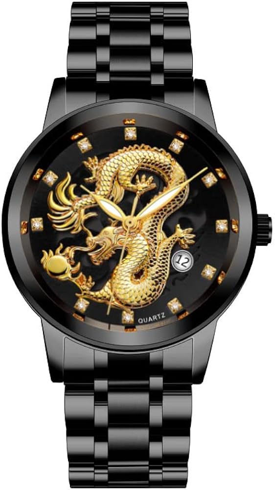 Watch for Men, Men's Watch, Men's Business Watch, Men's Stainless Steel Strap Quartz Watch, Waterproof Dragon Calendar Display Dial Watch for Men