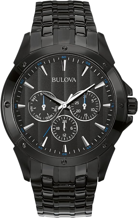 Bulova Men's Classic Dress 6-Hand Multi-Function Day/Date Quartz Watch, Black Patterned Dial, 43mm