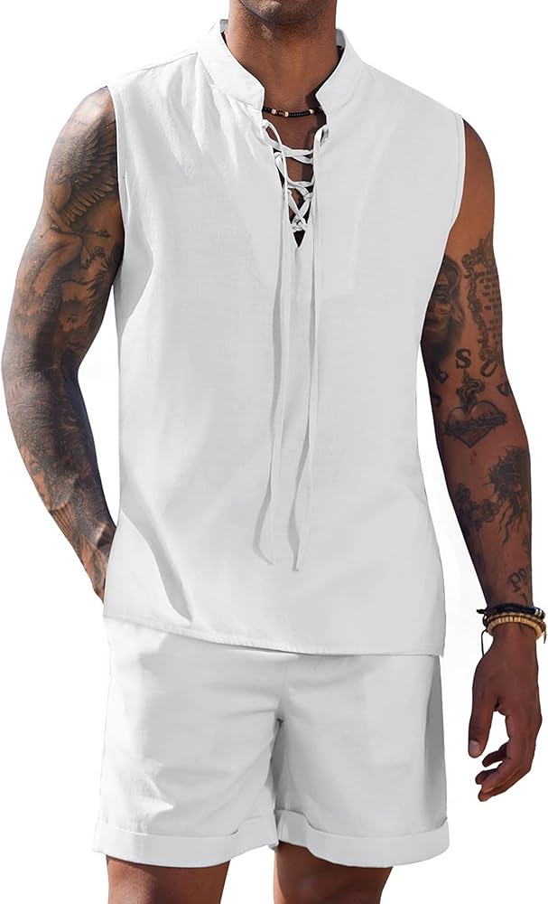 COOFANDY Men's Linen Sets 2 Piece Beach Outfits Lace Up Hippie Tank Tops Summer Casual Sleeveless Shirts Matching Shorts Set