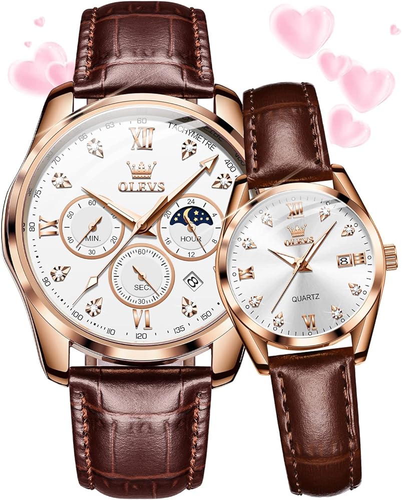 OLEVS Valentines Couple Pair Quartz Watches His and Her Couple Set Leather Chronograph Diamond Wrist Watch Men Women Lovers Wedding Romantic Gifts Set of 2