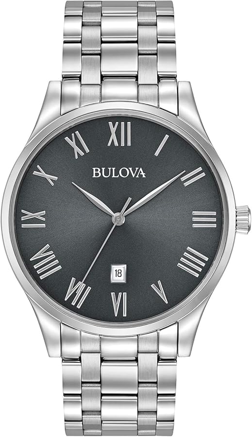 Bulova Men's Classic Stainless Steel 3-Hand Date Calendar Quartz Watch, Grey Dial with Roman Numeral Markers Style: 96B261