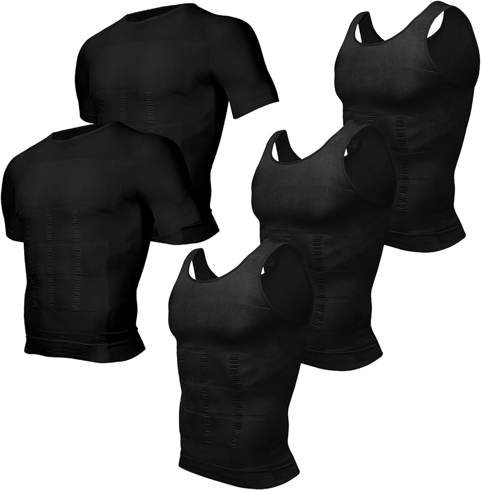 Odoland 5 Pack Men's Compression Shirt Short Sleeve Vest Set, Body Shaper Shapewear Tank Top Base Layer for Sport