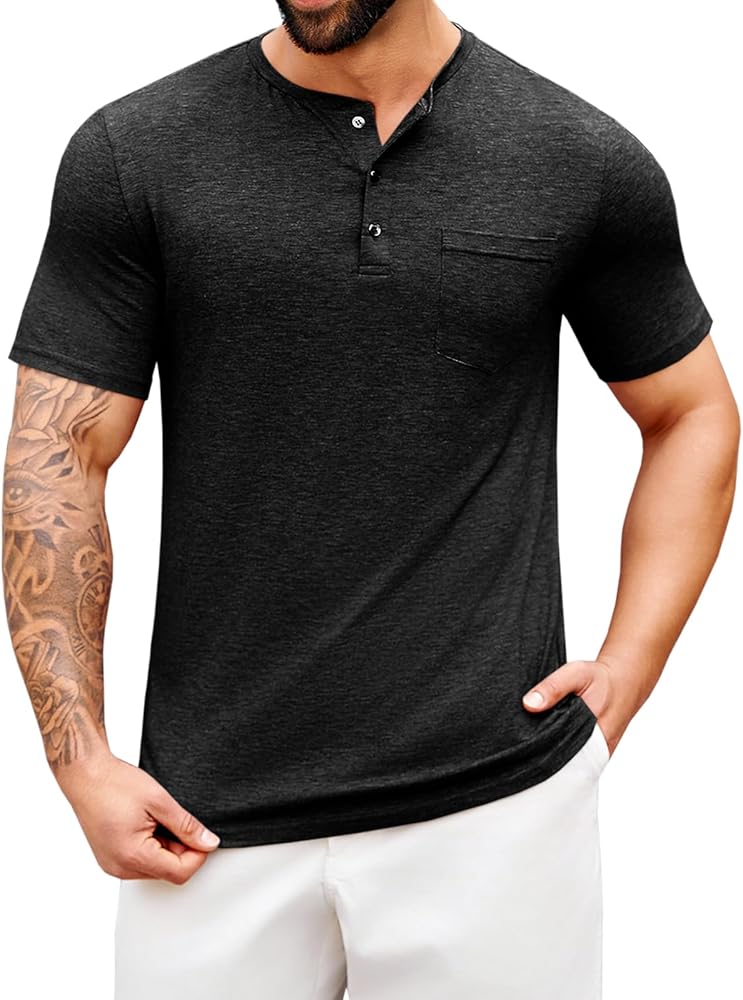 Runcati Mens Henley Shirt Short Sleeve Button T Shirts Summer Casual Basic Tee Tops with Pocket