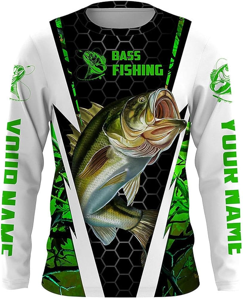 Personalized Bass Fishing Long Sleeve Shirts for Men, Hooded Fishing Shirts for Men, Fishing Clothes for Men, Camo Green Largemouth Fishing Shirt, Father's Day Fishing Gifts for Dad 2024