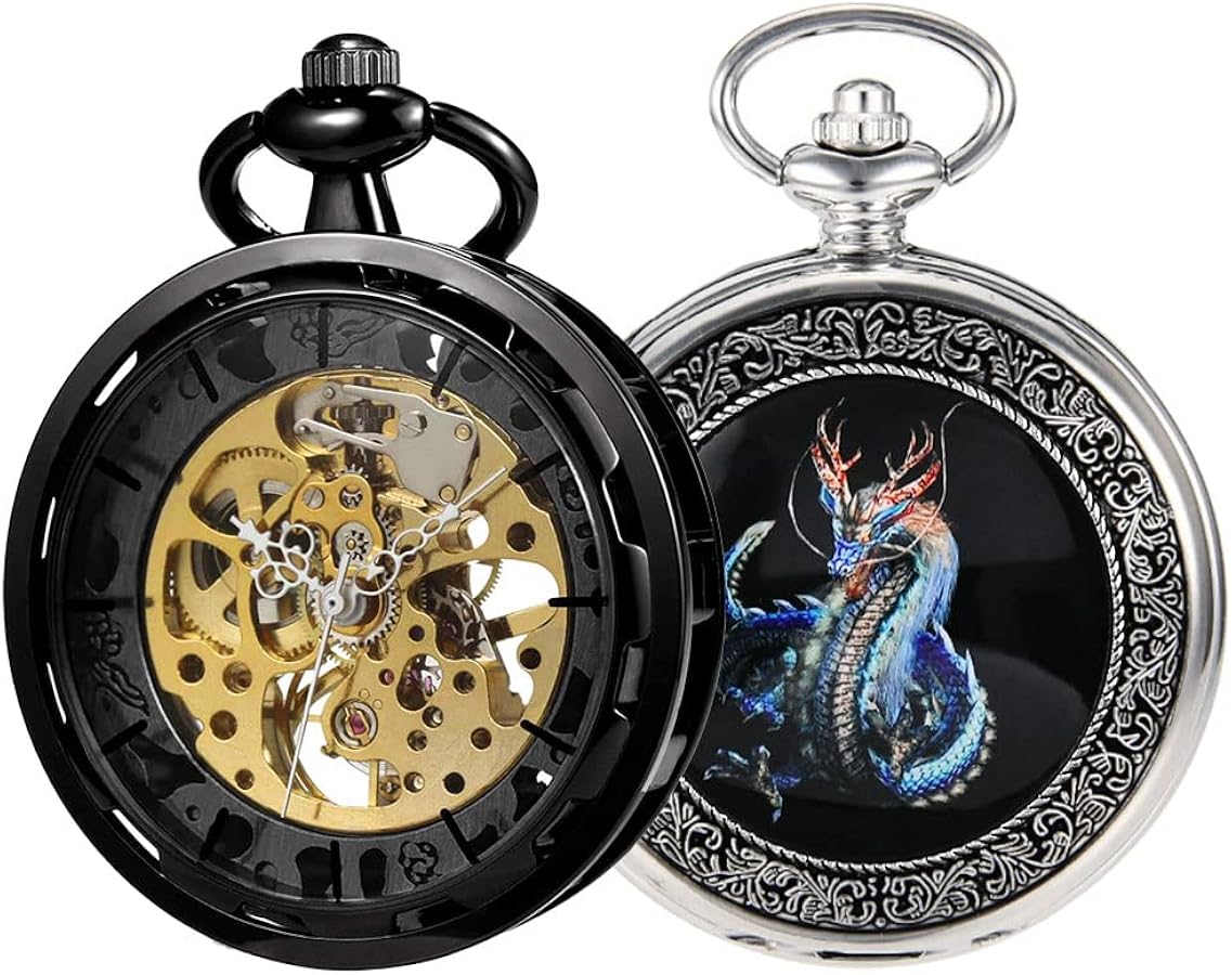 VIGOROSO Mens Steampunk Pocket Watch with Chain Skeleton Manual Hand Wind Mechanical Watches for Men, Gifts for Men & Women Watches Steampunk Cool Evil Dragon Enamel Painting Pocket Watch