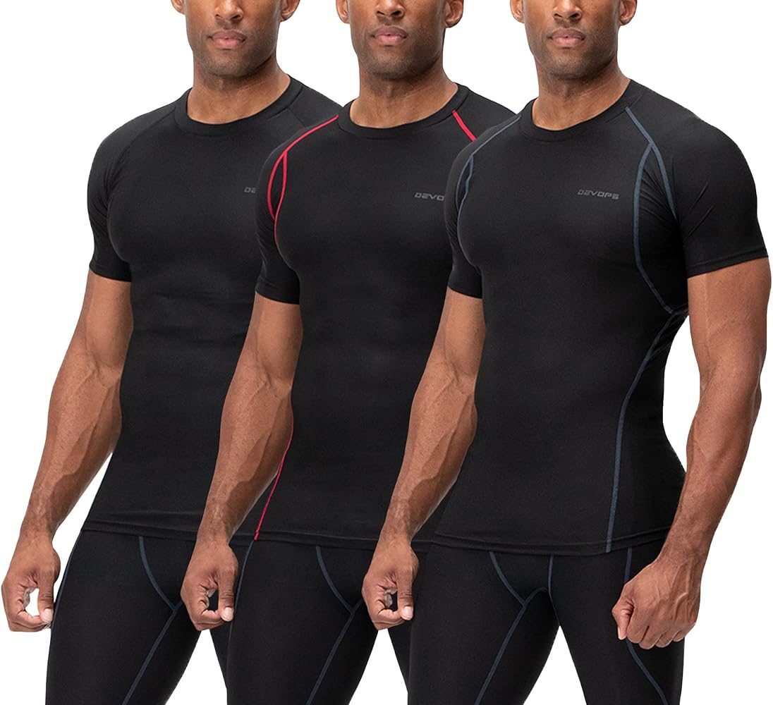 DEVOPS 3 Pack Men's Cool Dry Short Sleeve Compression Shirts, Sports Baselayer T-Shirts Tops, Athletic Workout Shirt