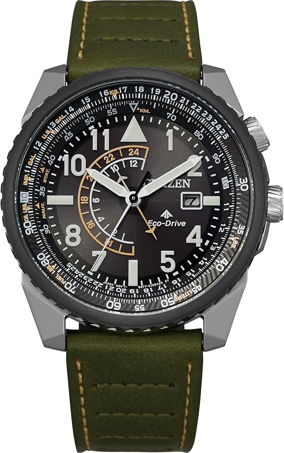 Citizen Men's Eco-Drive Promaster Air Nighthawk Pilot Watch in Stainless Steel with Olive Green Leather Strap, Black Dial, 42mm (Model: BJ7138-04E)