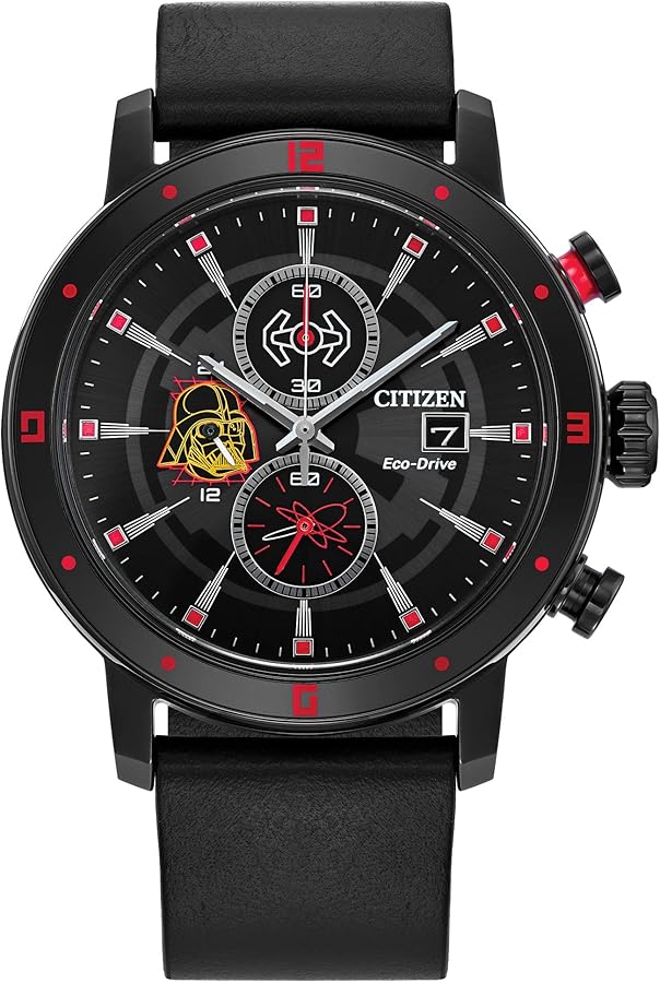 Citizen Eco-Drive Men's Star Wars Darth Vader Chronograph Watch with Black Ion Plated Case, Red Accents and Black Leather Strap, Luminous, Date, 44mm (Model: CA0769-04W)