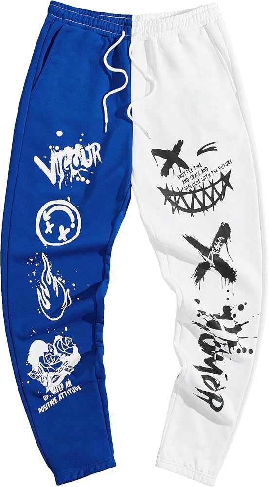 WDIRARA Men's Two Tone Cartoon Graphic Print Drawstring Waist Sweatpants Joggers with Pocket