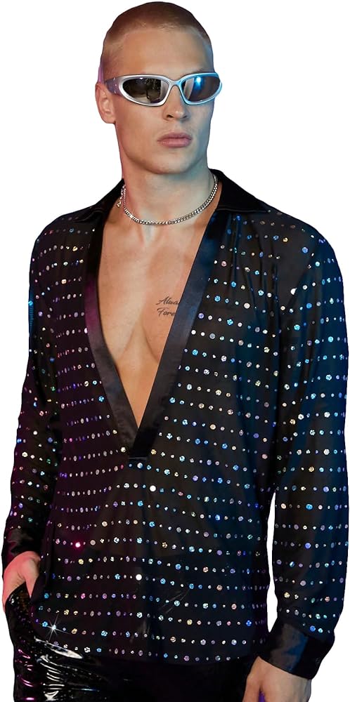 OYOANGLE Men's Sparkly Glitter Sheer Deep V Neck Long Sleeve Collared Neck Party Clubwear Tee Shirt Tops