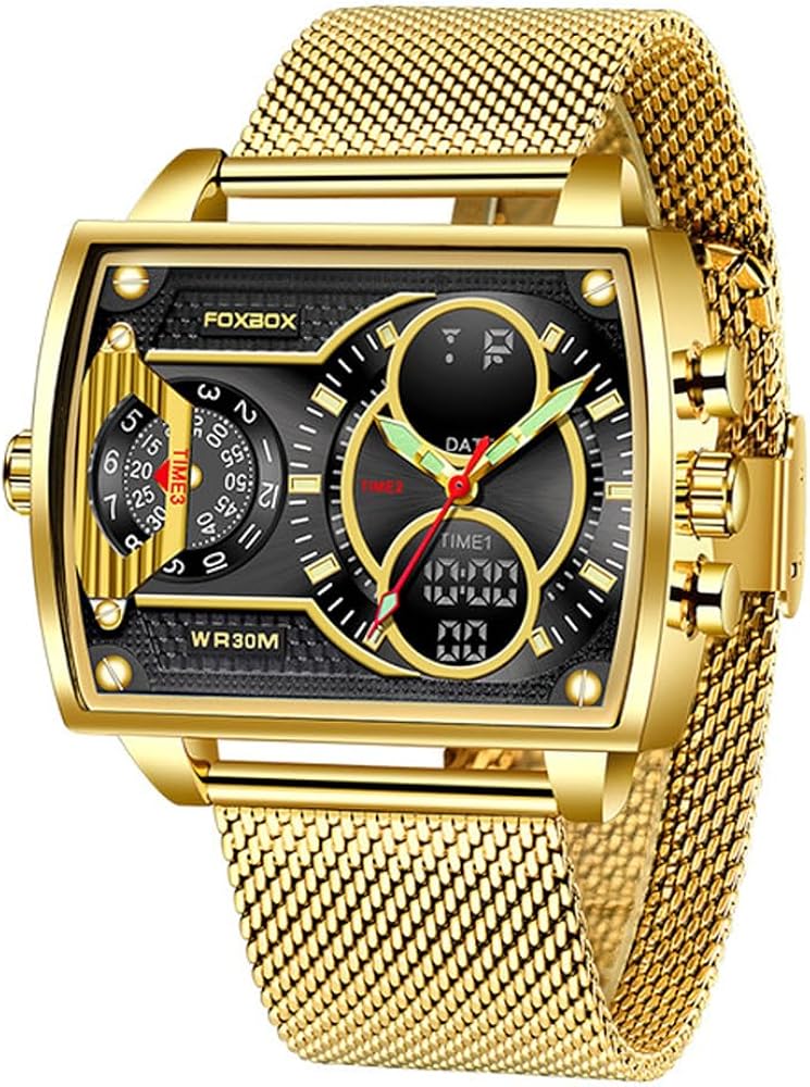 Weicam Luxury Men Boy Square Dial Digital Watch Lumious Waterproof Analog Quartz Wrist Watch Dual Display Business Watch (Gold)